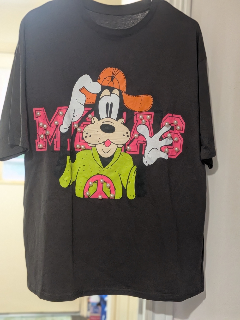 Disney Goofy Black Graphic Dog T-Shirt with Neon Green and Orange Accents
